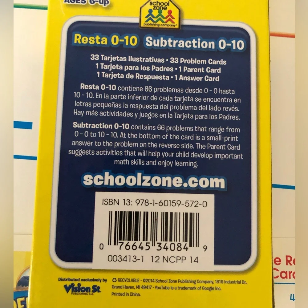 School Zone Bilingual Spanish English Subtraction/Resta Facts 0-10